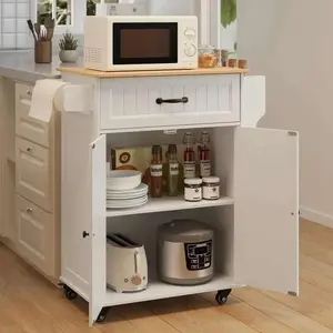 Kitchen Island Cart with Storage, Microwave Cart with Spice Rack, Towel Rack & Drawer, White