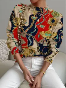 Women's Elegant Baroque Print Stand Collar Sweater, Fall Winter Casual Long Sleeve Knitwear, Comfortable Warm Top for Daily Wear