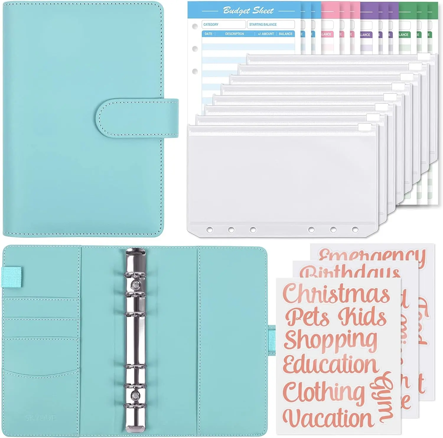 Budget Binder with 8pcs Zipper Envelopes,Money Organizer for Cash with 12pcs Expense Budget Sheets & 24 Rose Gold Sticky Labels,Budget Organizer for Cash