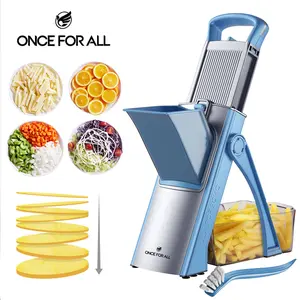 ONCE FOR ALL Upgrade Safe Stainless Steel Silicone Mandoline Slicer Plus - Kitchen Gadgets, Fruit Vegetable Slicer, Potato Fry Cutter, Onion Salad Dicer, Food Shredder (Blue)