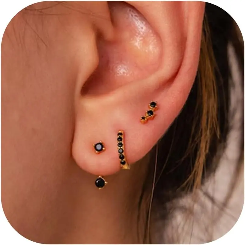 3 Pairs Huggie Hoop Earring Set 18K Gold Plated Cubic Zirconia Cartilage Earrings, Multi Piercings Ear Jacket Earring Climber Stud Earring for Women Everyday Earrings