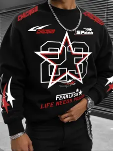 Men's Chicago Speed Graphic Crew Neck Fitted Sweatshirt, Star Print & Bold Letter Design, Perfect for Street Style & Racing Events