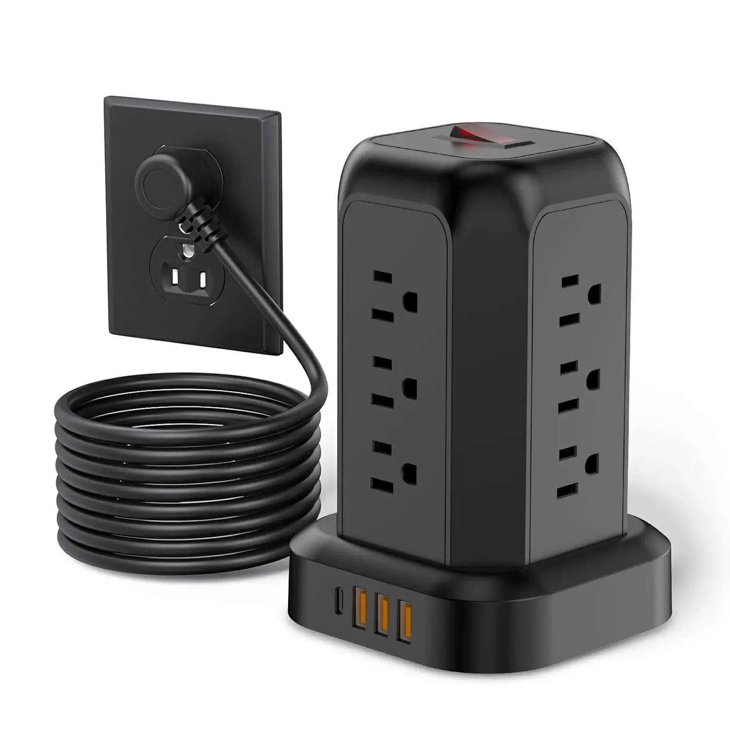 Surge Protector Power Tower with 3 USB and Type C Ports, 12 Ac Outlets, 5ft Extension Cord for Home Office Dorm, USB Charging, Overload Protection, USB PD Charging, USB C Outputs