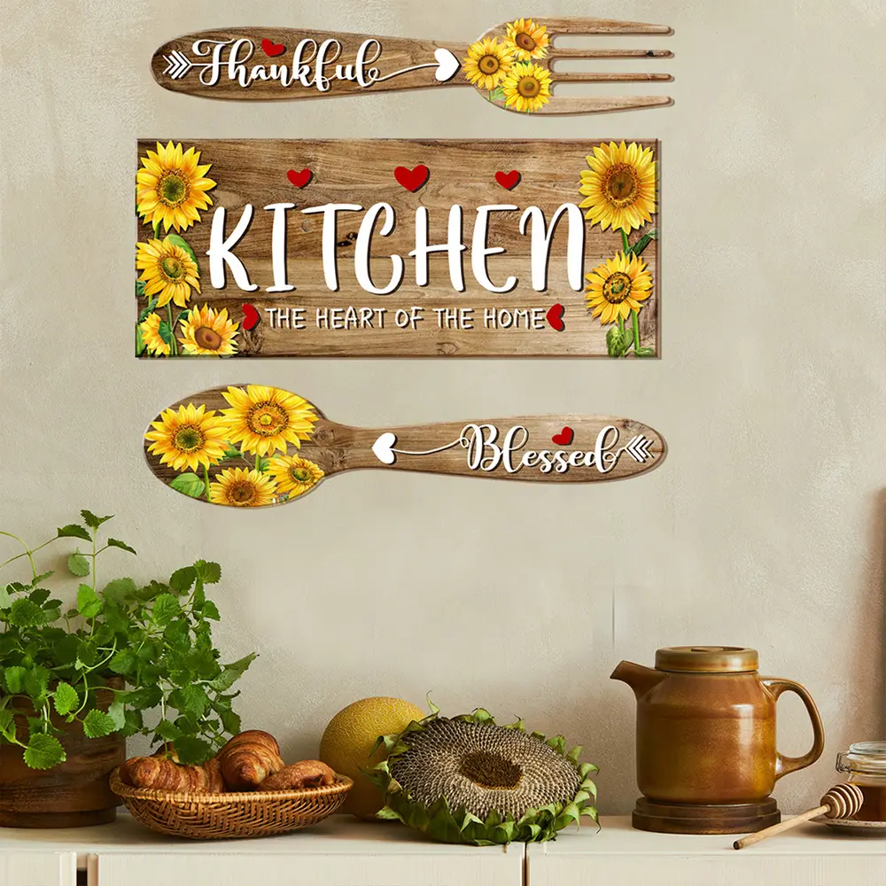 3 Pieces Kitchen Wall Decor Bless The Food Before Us Sign Farmhouse Wooden Signs Maple Pumpkin Hanging Wall Art Signs Fork and Spoon Rustic Farmhouse Sunflower Kitchen Decor for Home