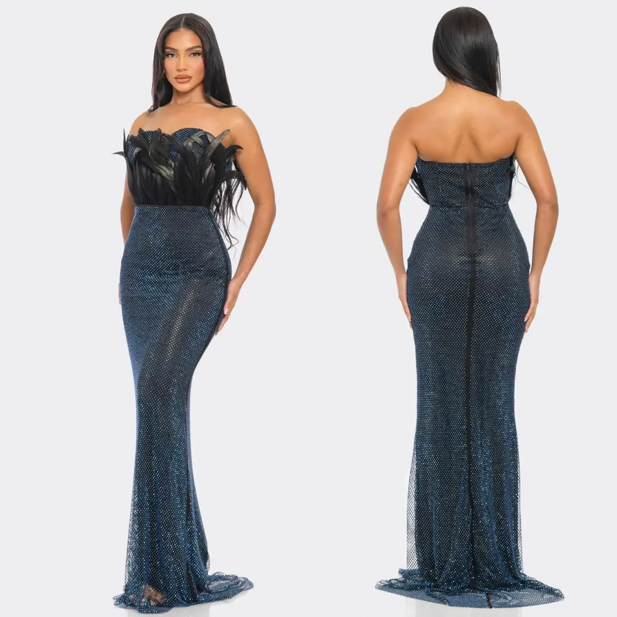 Strapless Blue Rhinestone Feather Mermaid Gown – Elegant Evening & Prom Dress Formal Elegance Womenswear Basic