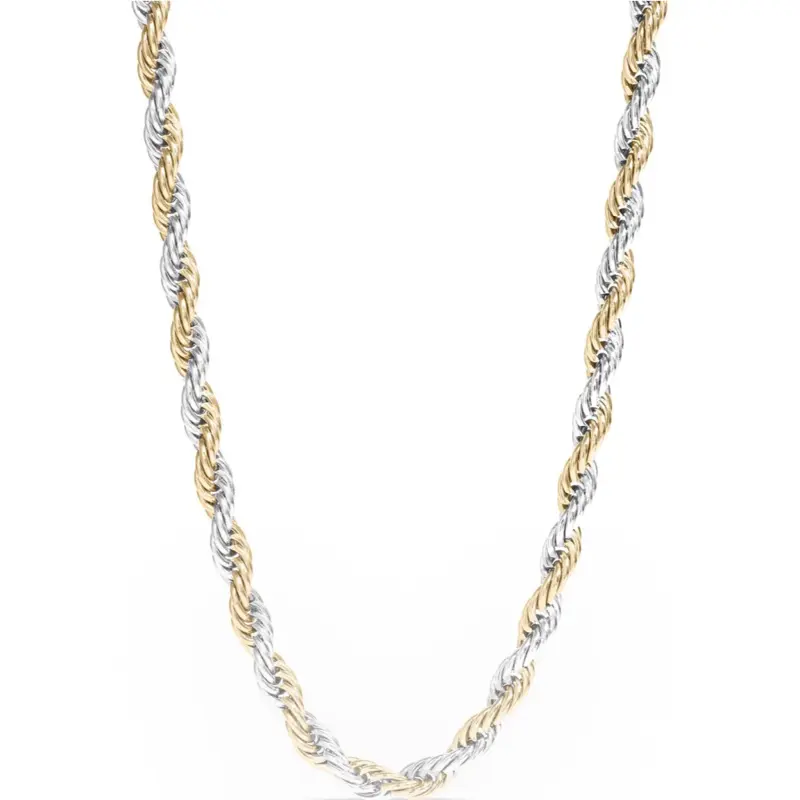 Steel Bonds. 18K Gold PVD Stainless Steel Mixed Metal Rope Chain Necklace. Tarnish and water resistant suitable for everyday wear!