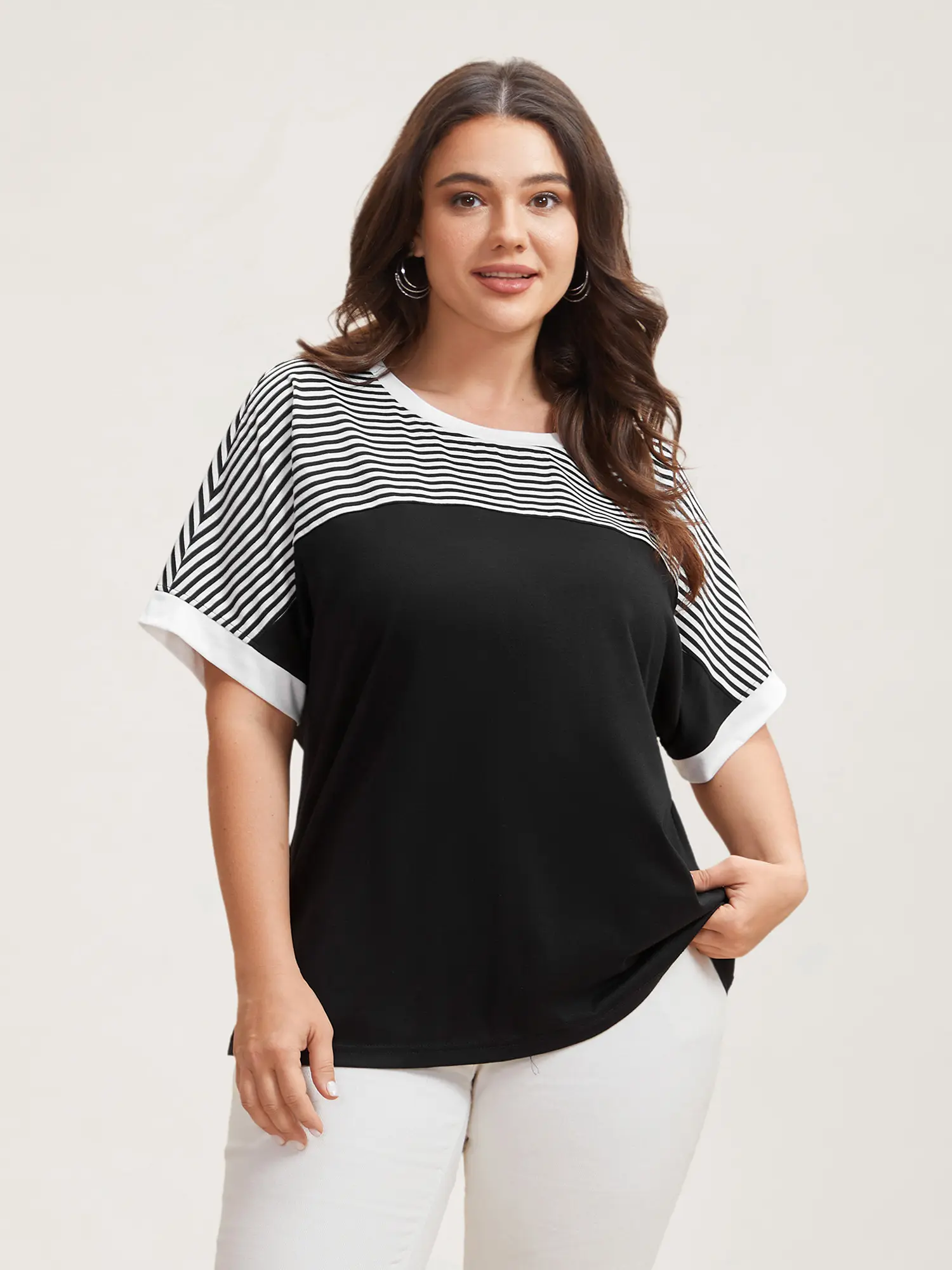 BLOOMCHIC Women's Plus Size Short Sleeve Top - Spandex Fabric T-Shirt, Solid & Striped Contrast Hem, Round Neck, Casual Regular Fit, 2026 Summer Pick, Black/DarkGray/Blush Pink, M-6X,Summerfinds,back to school,back to school shopping