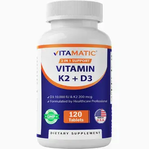 Vitamatic Vitamin D3 K2 Supplements with 10,000 IU Vitamin D + 200mcg Vitamin K MK-7, 120 Tablets Bone, Heart, Immune, & Calcium Support