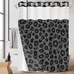 1pc hookless shower curtain with buckle lining, black and gray leopard print patchwork design, 2D flat printing, fabric waterproof lining, see-through double-layer shower curtain, 71 x 74 inches, Bathroom Curtain