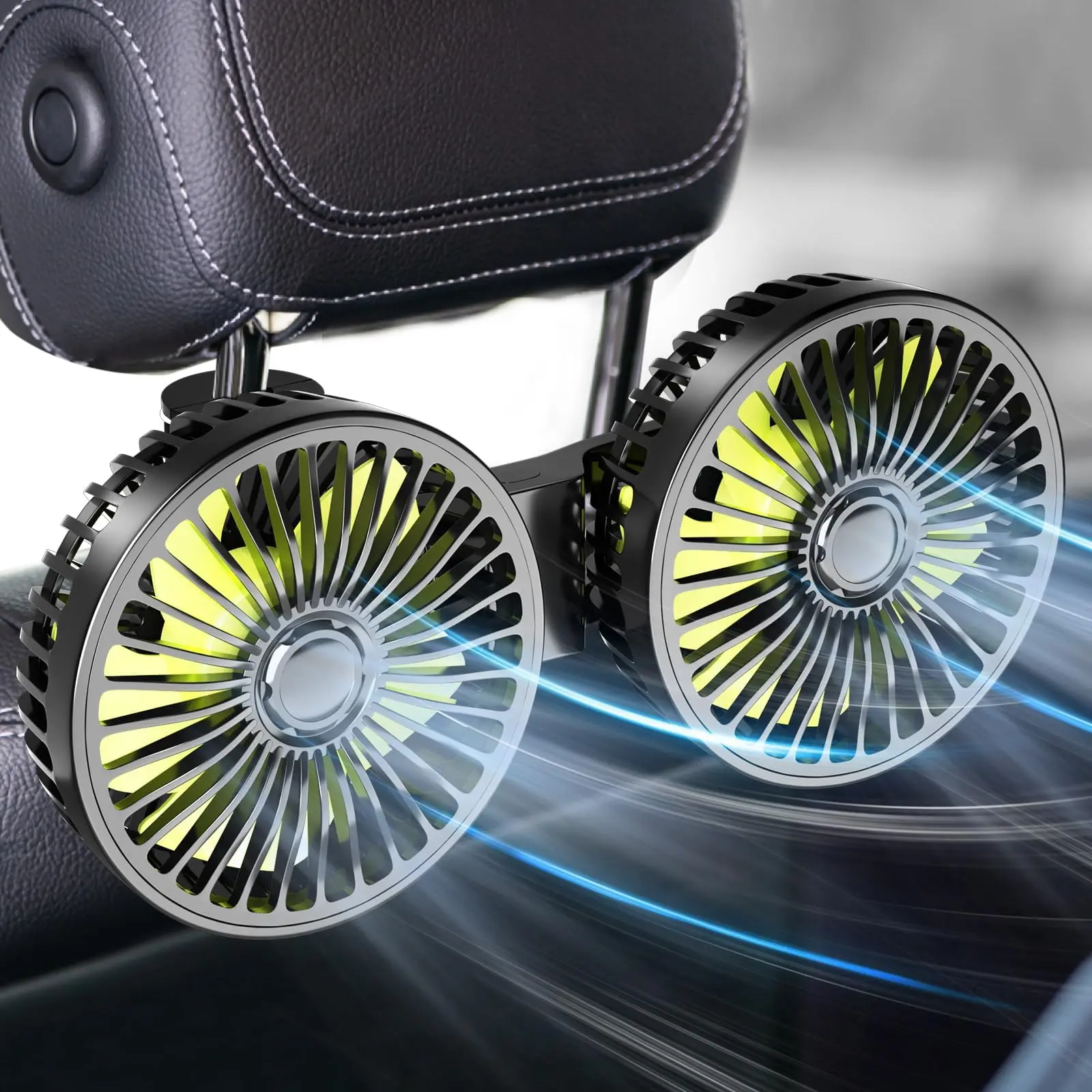 Car Fan for Backseat, Dual Head USB Vehicle Seat Fans, 3 Speeds Strong Wind 360° Rotatable Auto Rear Headrest Fan for Car, Air Circulation Automotive Fans with Adjustable Clip for All Models