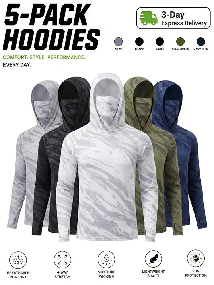 5pcs Men's integrated mask hoodie, UPF UV Protection,Polyester Long Sleeve Sports Hoodie,LongSleeve Shirts with Integrated Face Mask,Quick-Dry Stretch, for Fishing, Hunting,Outdoor Activities,