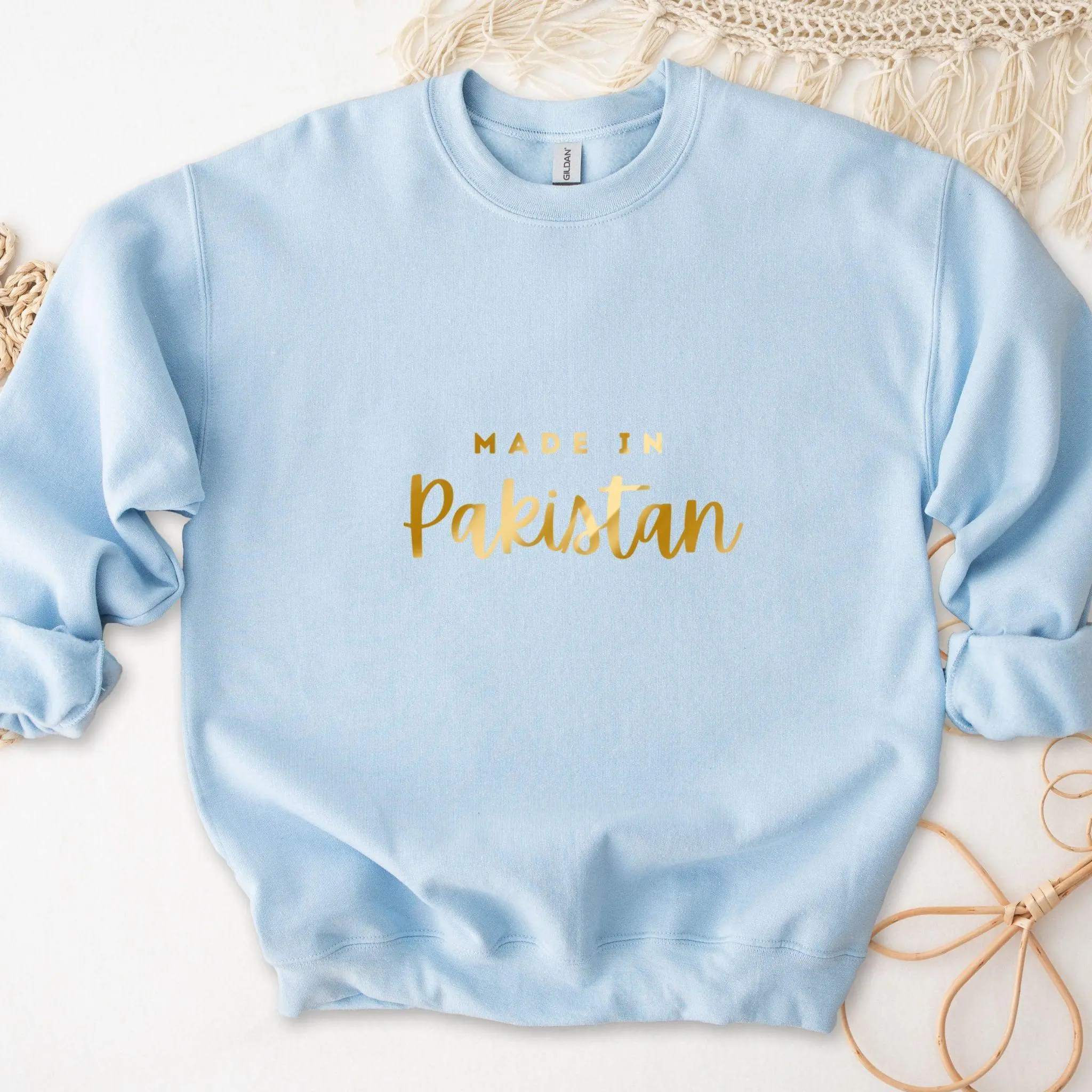 GOLD Customizable "Made in [INSERT COUNTRY]" Sweatshirt by Humraha | Desi Arab Muslim Fashion Apparel Gifts for Ramadan Eid Nikkah Wedding Couples Families New Moms Aunts Uncles Grandparents | Pakistan India Bangladesh Palestine Lebanon Egypt Syria