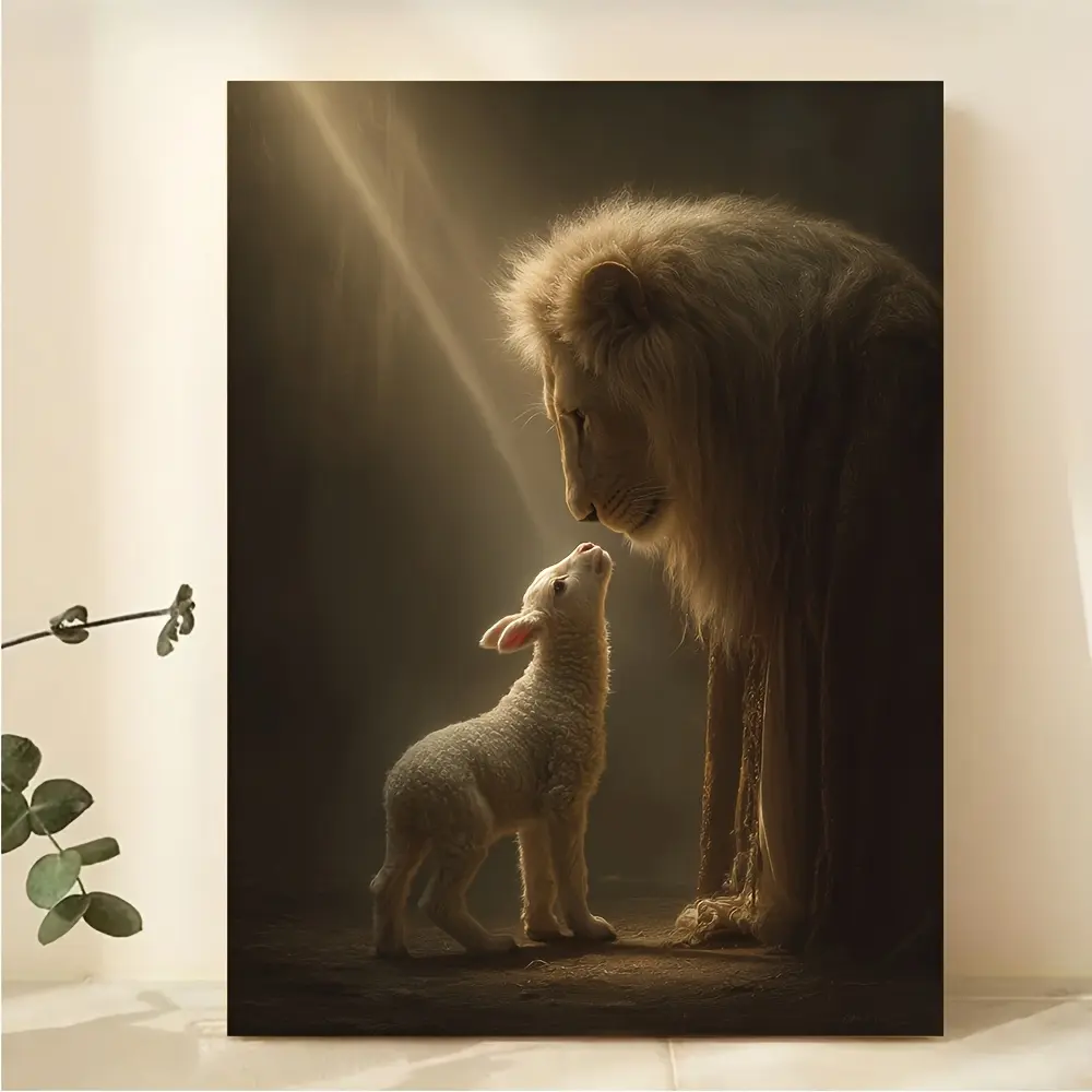 Wood Framed Artistic Lion of Judah & Lamb Canvas Wall Art - Realistic Jesus Christ Biblical Peace Redemption Print, Dark Vintage Tone Modern Decoration for Bedroom, Church Worship Space, Ready To Hang
