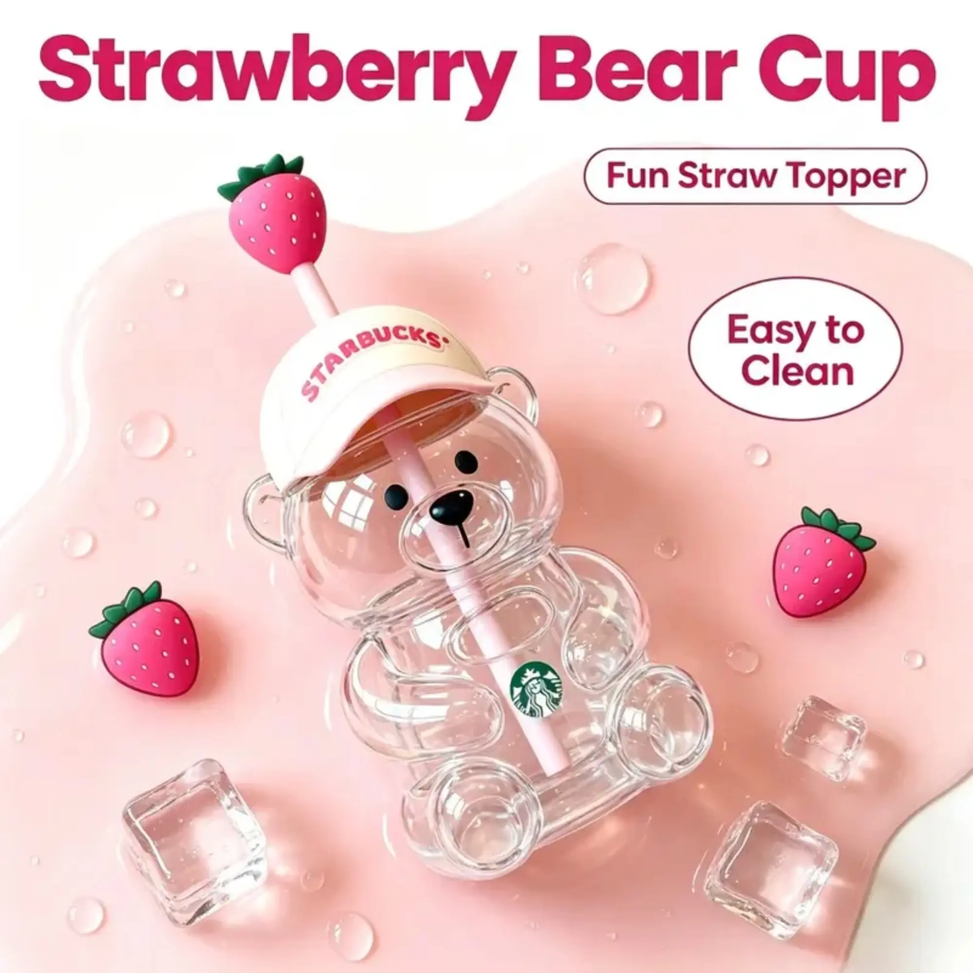 SummerWins Strawberry Bear Shaped Glass Cups, Romantic Pink & Green Teddy Bear Glass Mug with Airtight Cap, Decorative Drinking Jar for Valentine’s Party Decor, Engagement, Anniversary Gift, Creative Cocktail & Soda Glassware