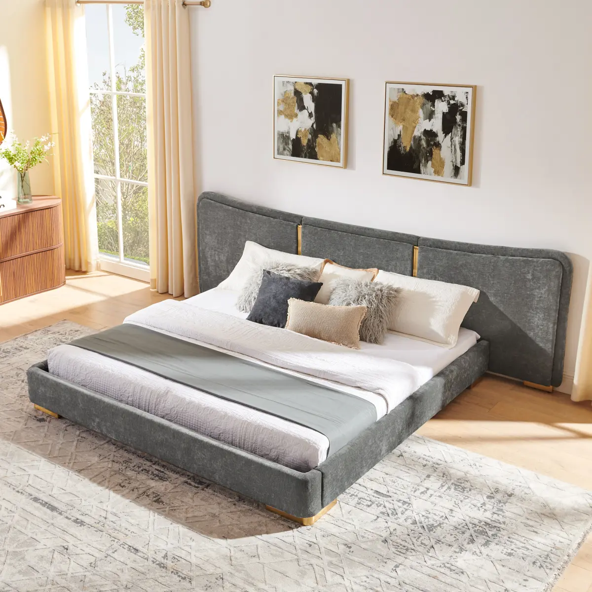 [Bellemave] Queen/King Size Platform Bed with Extra Large Curved Headboard, Soft Chenille Fabric Frame, Reinforced Electroplated Metal Legs, Flexible DIY Side Space Design