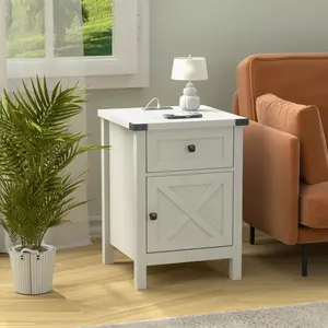Vabches Farmhouse Nightstand with Charging Station, White Side Table, Rustic End Table with Barn Door and Drawer, Rustic Floating Nightstands Modern Bed Side Table Night Stand for Bedroom and Living Room