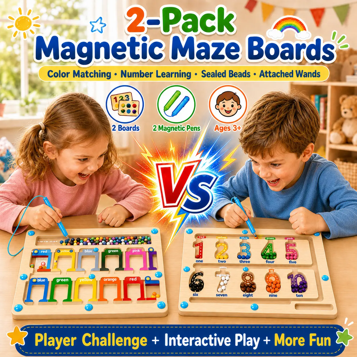[BackToSchool] VVINCA 2 Pack Wooden Magnetic Maze, Montessori Busy Board for Kids with Sealed Magnetic Beads, Color Counting & Number Learning Travel Toy，Outdoor