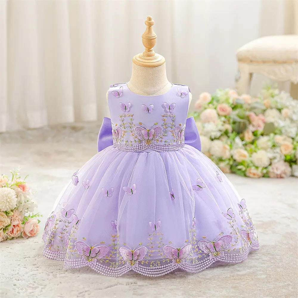 6M-3Y Lilac Kids Clothes 3181 Bow Butterfly Embroidered Anniversary Birthday Baptism Flower Girls Frock Ball Gown Pageant Children Elegant Princess Prom Host Formal Evening Party Banquet Dress for All Season