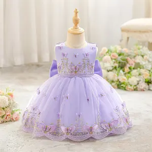 6M-3Y Lilac Kids Clothes 3181 Bow Butterfly Embroidered Anniversary Birthday Baptism Flower Girls Frock Ball Gown Pageant Children Elegant Princess Prom Host Formal Evening Party Banquet Dress for All Season