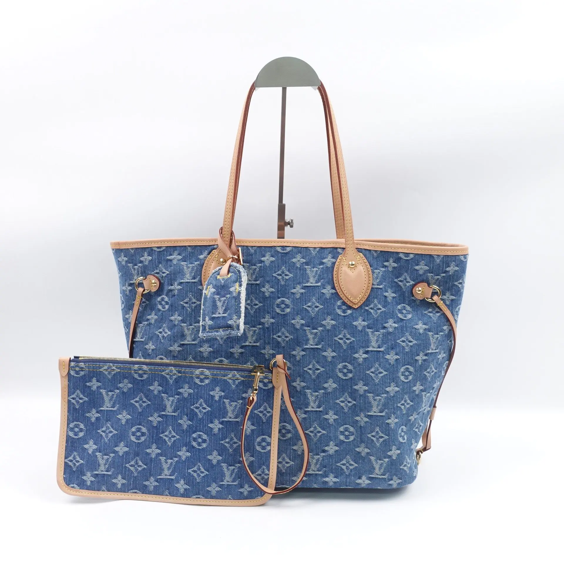 Pre-owned Louis Vuitton denim Tote Bag Neverfull MM Blue Monogram T10427844