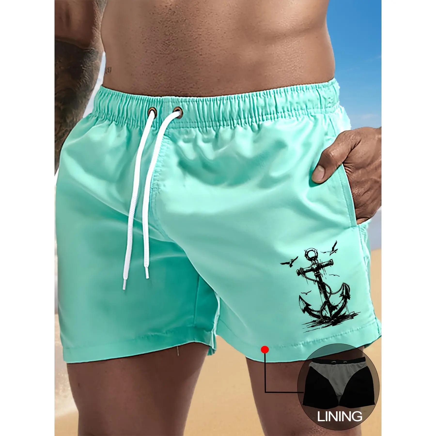 Men's Graphic Print Beach Shorts, Mid-Waist Cut with Drawstring, Pockets, and Liner for Casual Surfing and Resorts, Male, Mid Rise, Surfing Gear, Drawstring Waist, With Pockets, Sporty Chic, Xxl, Multi-Size