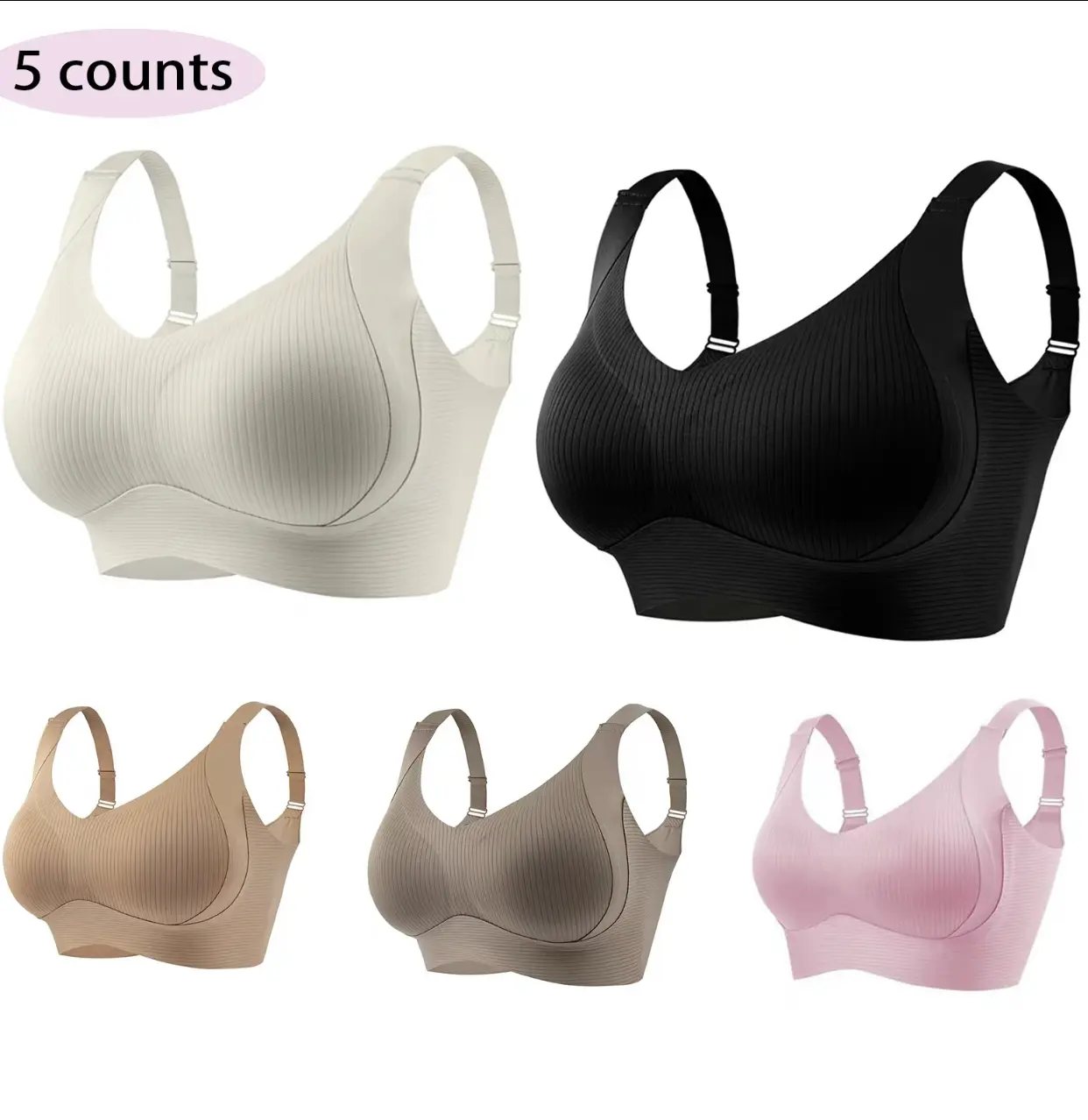5-piece set — women’s solid wireless bras; comfortable, breathable push-up bras; soft and lightweight lingerie for all seasons; everyday bridal bras