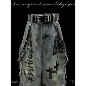 Gothic Punk Wasteland Jeans - Seven-Part Patchwork Wide Leg, Distressed Wrinkled Pants Menswear Trouser Man Streetwear Denim Pocket Tropical Can be used with a raincoat