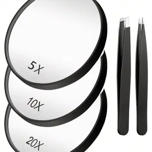 Magnifying Mirror Suction Cup, 10x & 15x Magnifying Makeup Mirrors, Portable Travel Mirror, Travel Hand Mirrors, Makeup Mirror Set, Tweezers Kit for Eyebrow Tweezing, Blackhead Removal