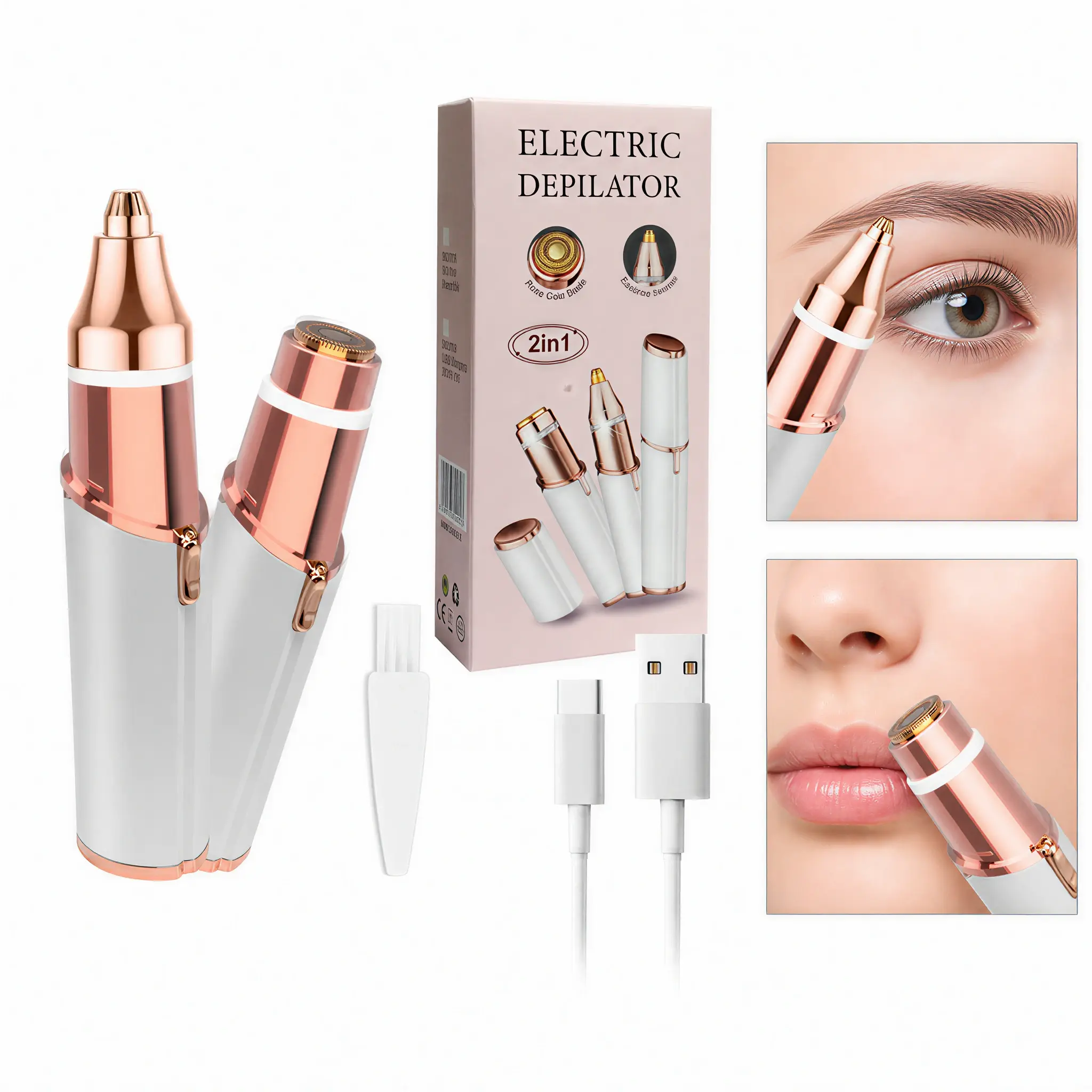2-in-1 Facial Hair Remover & Eyebrow Trimmer — Rechargeable Precision Grooming Tool for Upper Lip, Face, Chin, Underarms, and Eyebrows, Gentle Painless Hair Removal