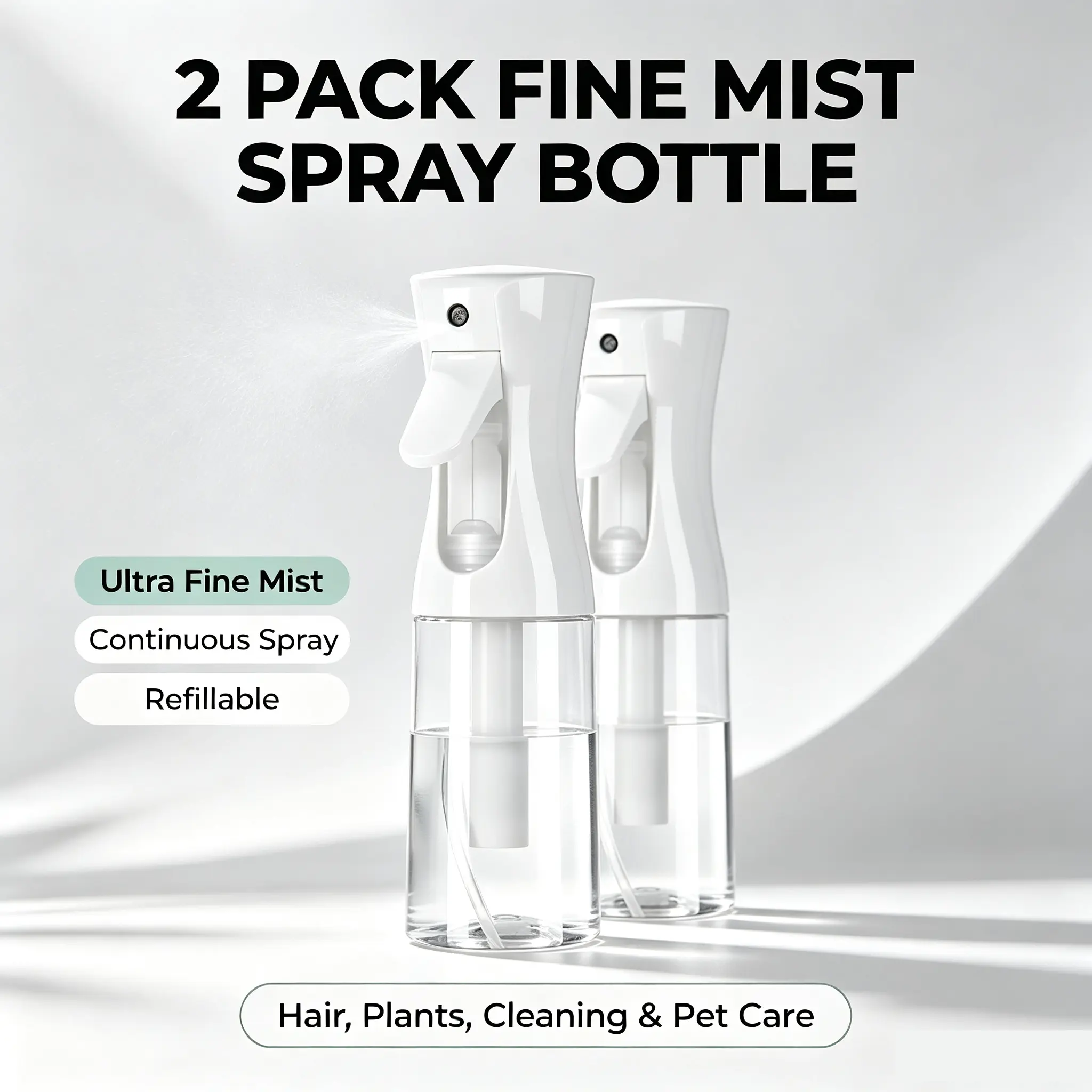 2 Pack Multi-Purpose Plastic Continuous Spray Bottle with Ultra-Fine Mist - Ideal for Hair Styling, Plant Care