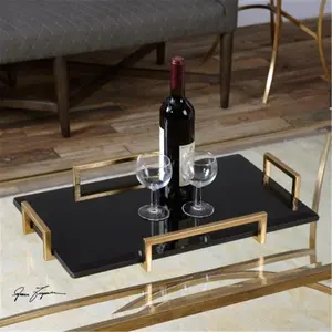 212 MAIN Black Glass Tray with Beveled Edge, Stylish Presentation Leaf Plate for Kitchenware, Cutlery Use