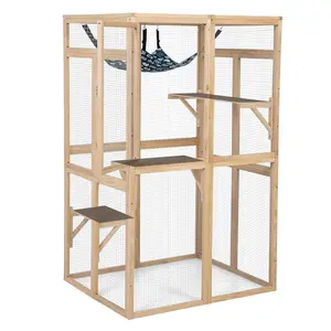 COZIWOW Outdoor Wooden Cat House Enclosure with Window, 3 Spacious Platforms, Weatherproof Wood, 39.4 x 33.3 x 63.8 Inches