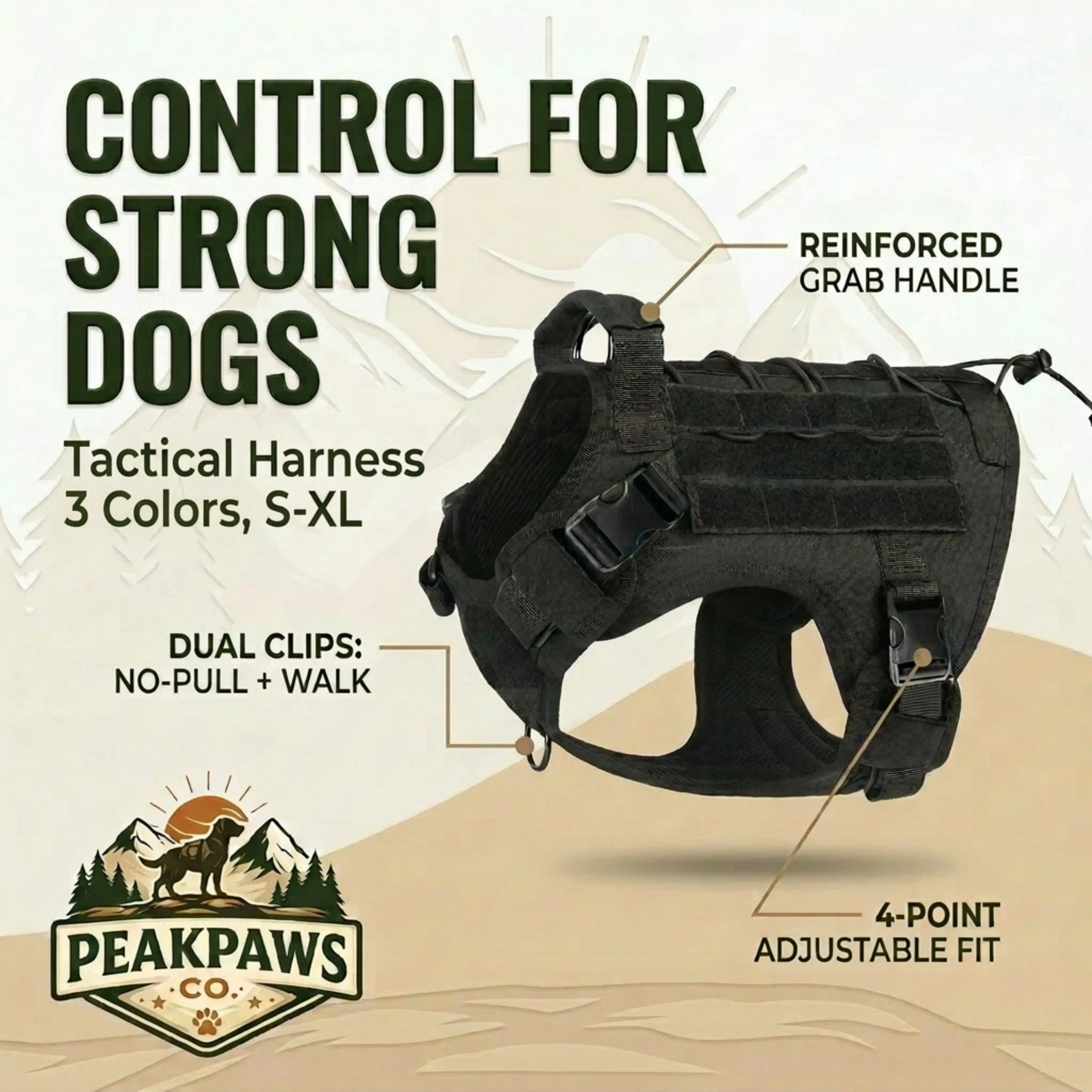 Tactical Nylon Dog Harness - Adjustable 4-Point Secure Fit, Reinforced Grip for Controlled Walks, Hook & Loop Patch Panels, Tactical Adventure All-Season Pet Harness, Exploring, Collars & Harnesses