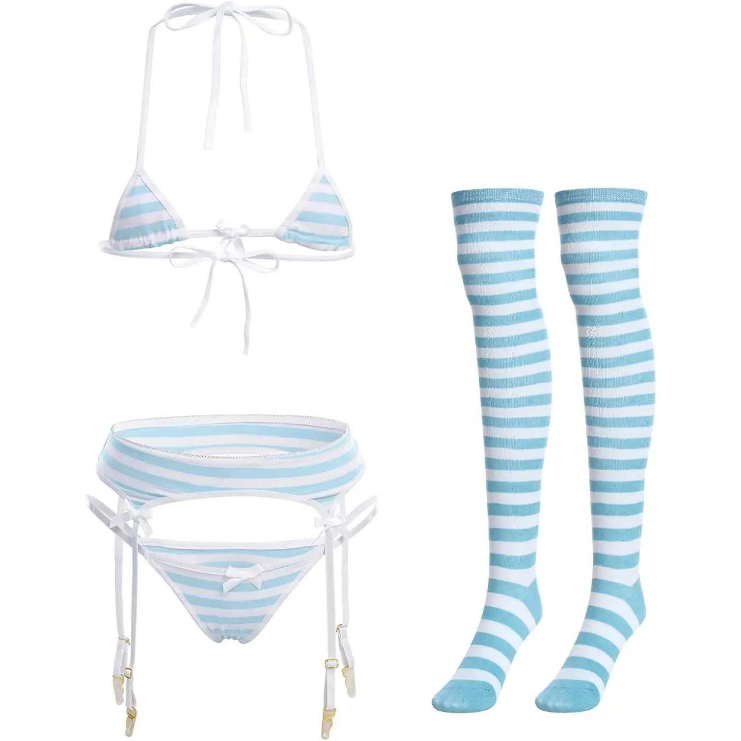 Women Cute Kawaii Anime Lingerie set Halter Strap Micro Bra Tiny Panty Garter Belt Striped Stockings 4Pcs Underwear JinhuanXuan SHOP