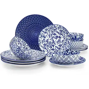 SELENE Plates and Bowls Set for 4, 12 count Dinnerware Sets, Mircowave and Dishwasher Safe Dishes Set, Porcelain Blue Dinnerware