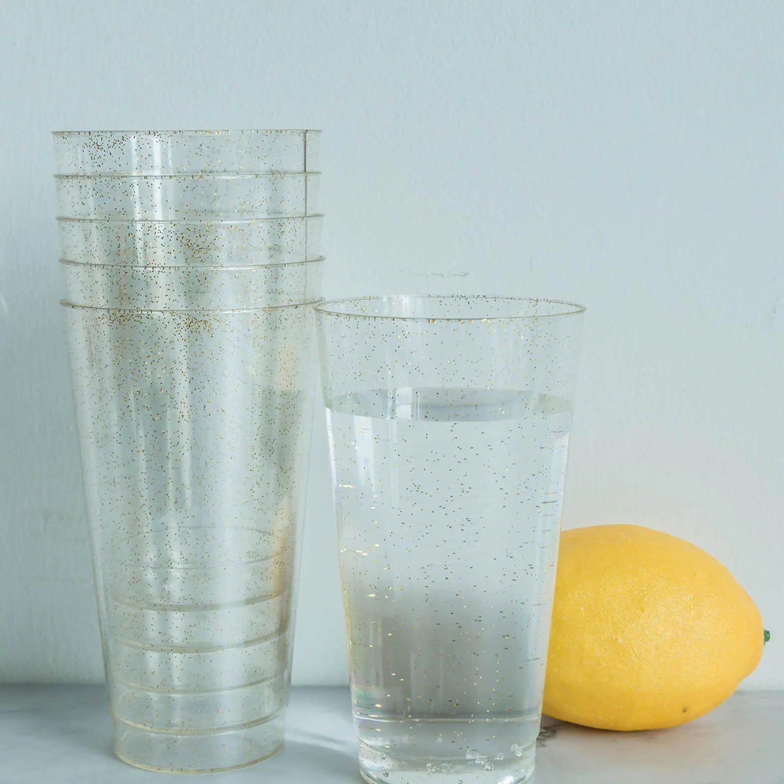 12-Pack Plastic Party Cups Clear Gold Glitter - Durable Disposable Tumblers for Drinks 17oz 6"