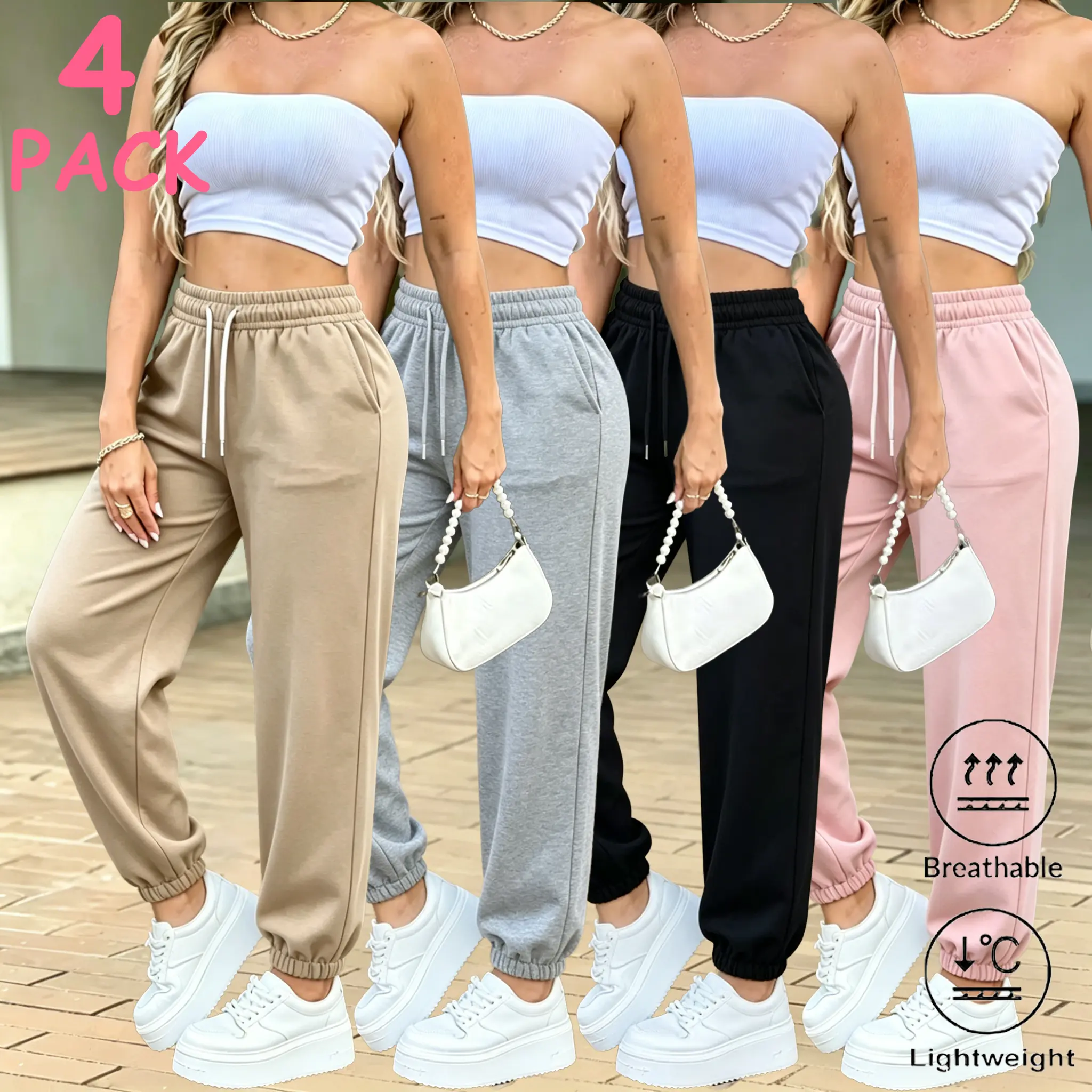 Women's 4-Pack Casual Loose Joggers - Elastic Waist, Cuffed Drawstring Athleisure Pants, Breathable Bottoms for Sports & Lounging, Workout backtoschool, Casual Wear, Elastane Blend, Loose Cut, Cuffed Jogger Pants, Jogger Style