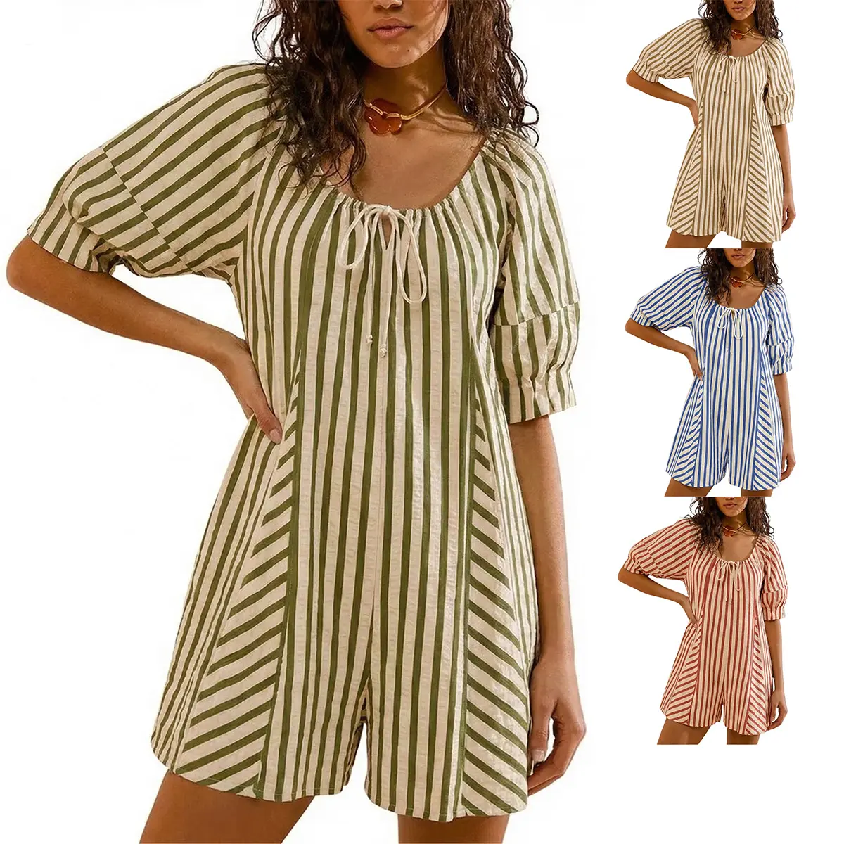 Kingapril Women Summer Casual Oversized Striped 3/4 Puff Sleeve Mini Romper Dress One Piece Jumpsuits 2026 Beach Vacation Outfits