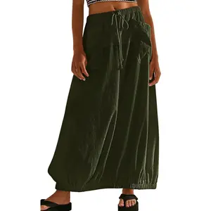 Chouyatou Women's Loose Cotton Work Skirt Comfortable Casual Drawstring Skirt with Pockets Elastic Cord Hem