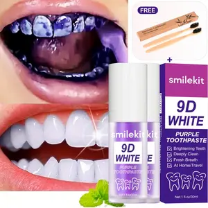 4-Piece Set (2 Toothpaste + 2 Toothbrushes), 9D 30ML Mint Flavor Whitening Toothpaste, Deep Cleaning, Fresh Breath, Travel Portable PURPLE TOOTHPASTE
