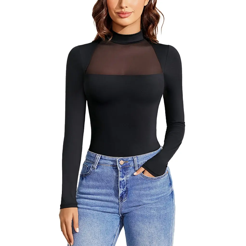 Avidlove Bodysuits for Women Mock Neck Shapewear Body Suit Long Sleeve Leotard Mesh Going Out Tops Concert Outfits