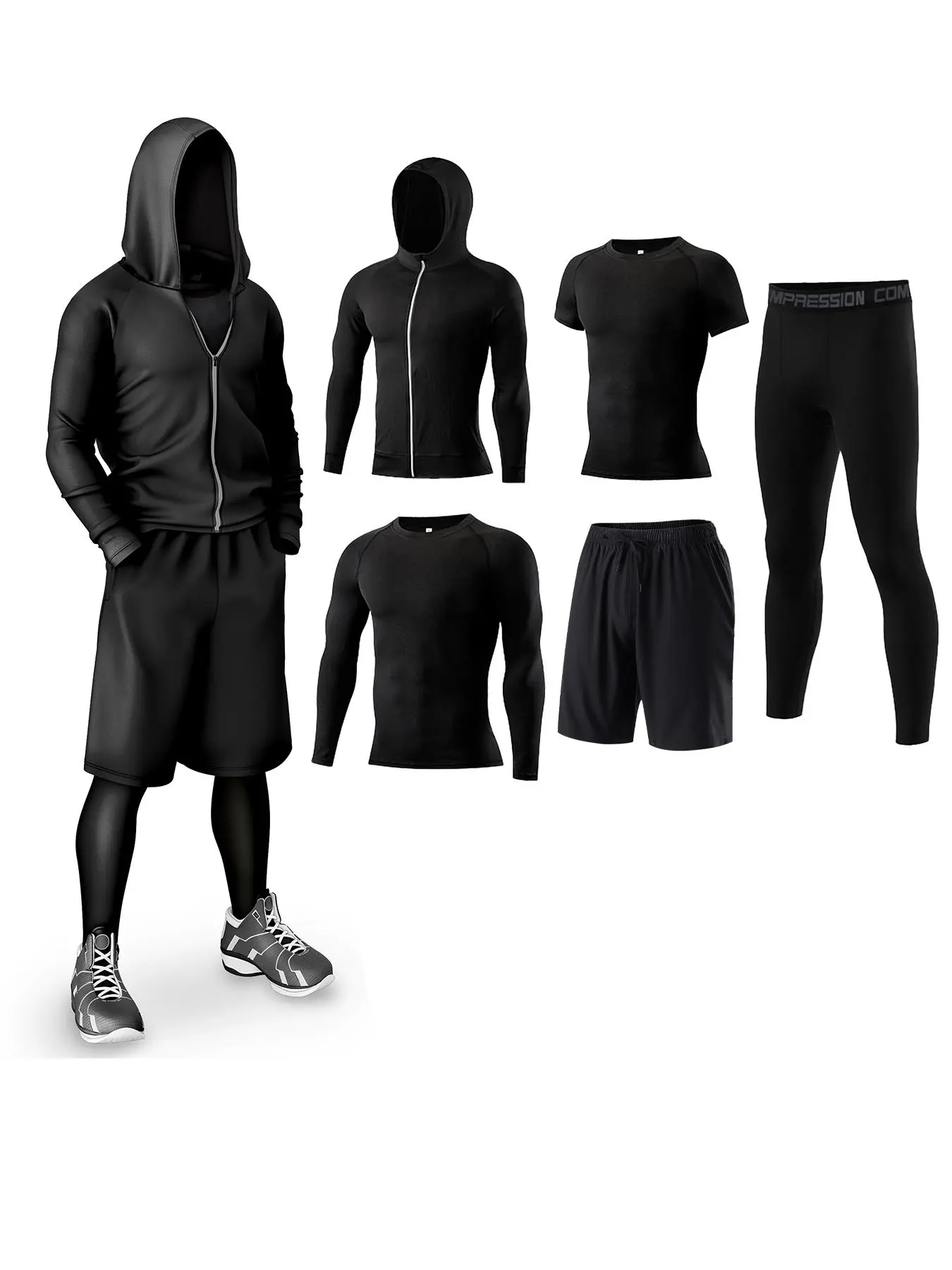 Men's Solid Streetwear Tracksuit Set, Sporty Zipper Hooded Jacket & Top & Short Sleeve Tee & Letter Tape Waist Leggings & Drawstring Shorts, Casual Summer Outfits, Summer Tracksuits, Sports Clothing Set, Casual Sports Style, Sporty Fashion Set