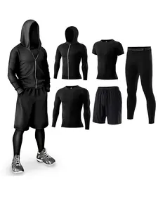 Men's Solid Tracksuit Set, Sporty Zipper Hooded Jacket & Top & Short Sleeve Tee & Letter Tape Waist Leggings & Drawstring Shorts, Casual Summer Outfits