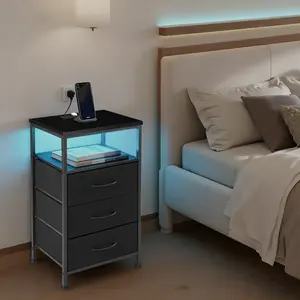  2-Tone Nightstand with Charging Station & LED Lights | 3-Drawer Bedside Table with Outlets & USB/Type-C Ports