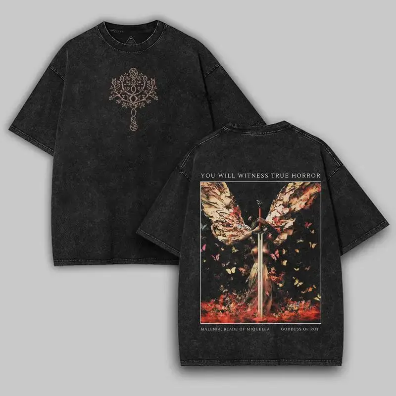 Elden Ring Malenia T-Shirt, Gothic Dark Souls Graphic Tee, Elden Ring Retro Washed Tee with Full Size - Perfect Gift for Game Fans and Lovers Fabric epic musical merch Comfort apparel Menswear Top Beige Black shirt top men Casual Cotton Vintage Distressed