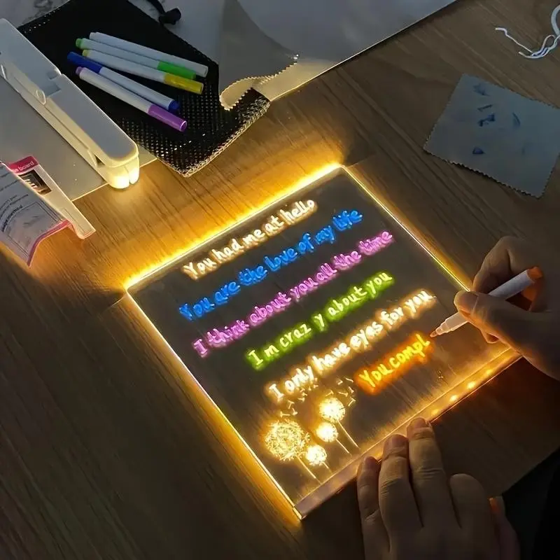 LED Glow Paint Board with Stand, USB Powered, Includes 7 Color Pens, Art Marker Pen, Acrylic Drawing Markers, Acrylic Markers Set, Modern Design, Ideal for Office, Living Room, Bedroom, Christmas Gift, Painting Board