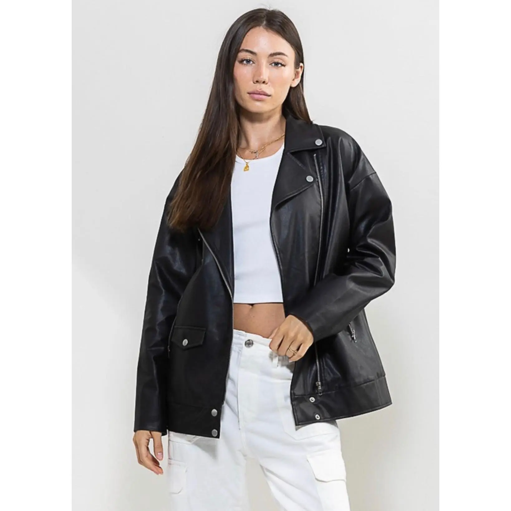 The Porsha Oversized Leather Jacket - Black