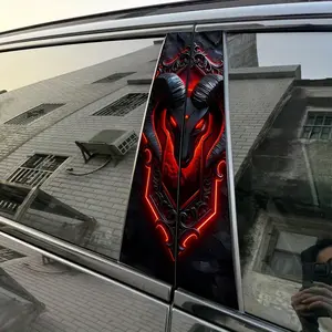 2pcs Black Ram Head, Red Background, Black Pattern Frame B-pillar Waterproof Car Sticker DIY Car Door Pillar Decorative Sticker