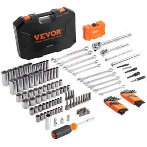 VEVOR Mechanics Tool Set and Socket Set,  1/4" and 3/8" Drive Deep and Standard Sockets, 145 Pcs SAE and Metric Mechanic Tool Kit with Bits, Combination Wrench, Hex Wrenches, Accessories, Storage Case