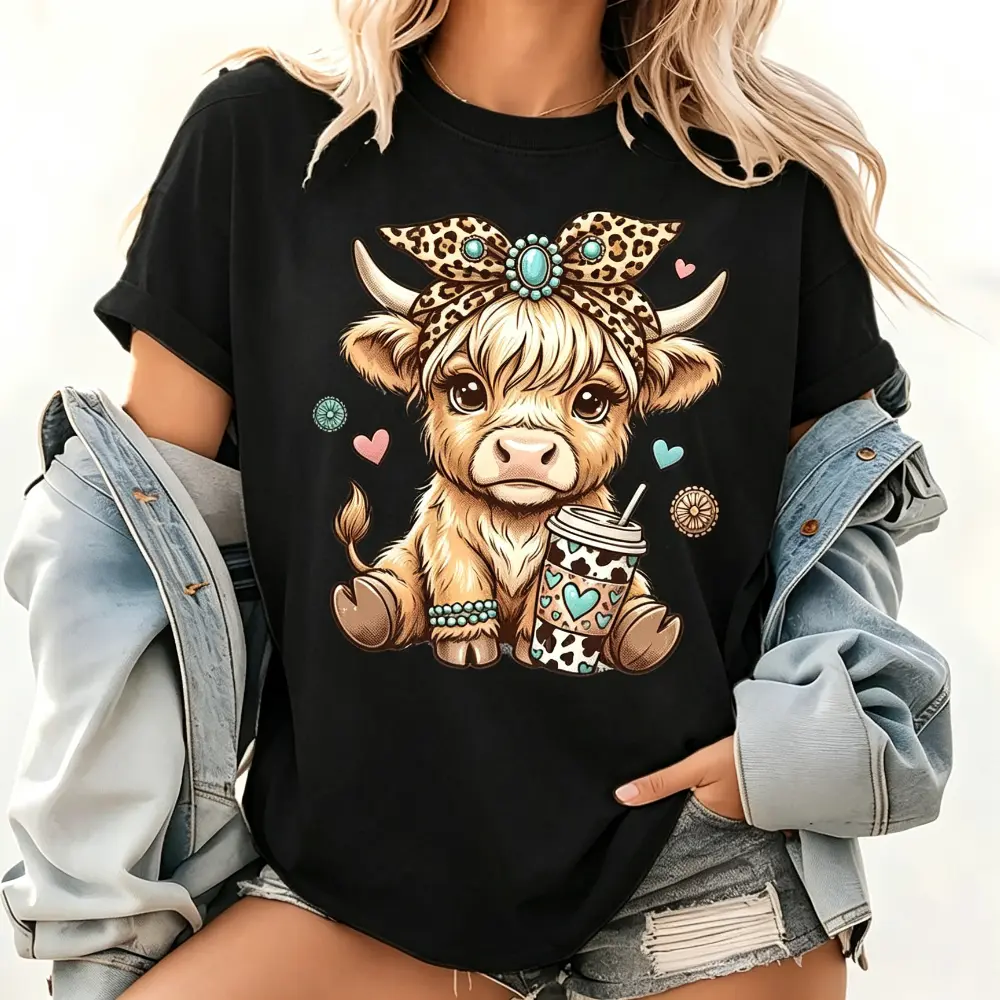 Highland Cow Sports Top - Leopard Bow Coffee Graphic Tee, Cute Farm Animal Country Shirt, Cold Machine Wash, Vibrant Print, Graphic T Shirts, Cute Tops
